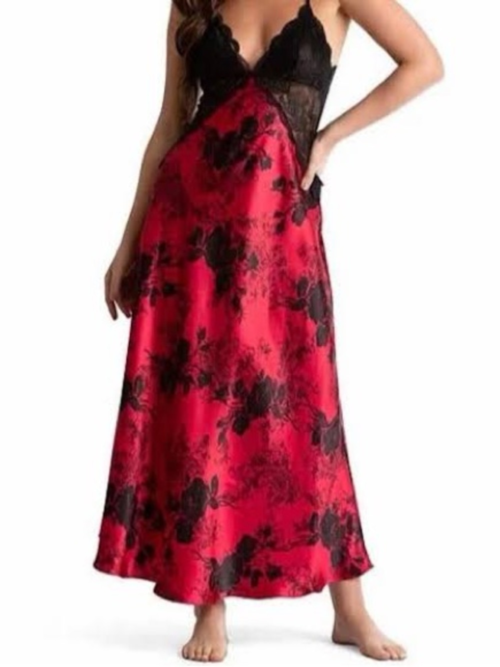 In Bloom by Jonquil Red and Black Floral Satin Long Gown size M